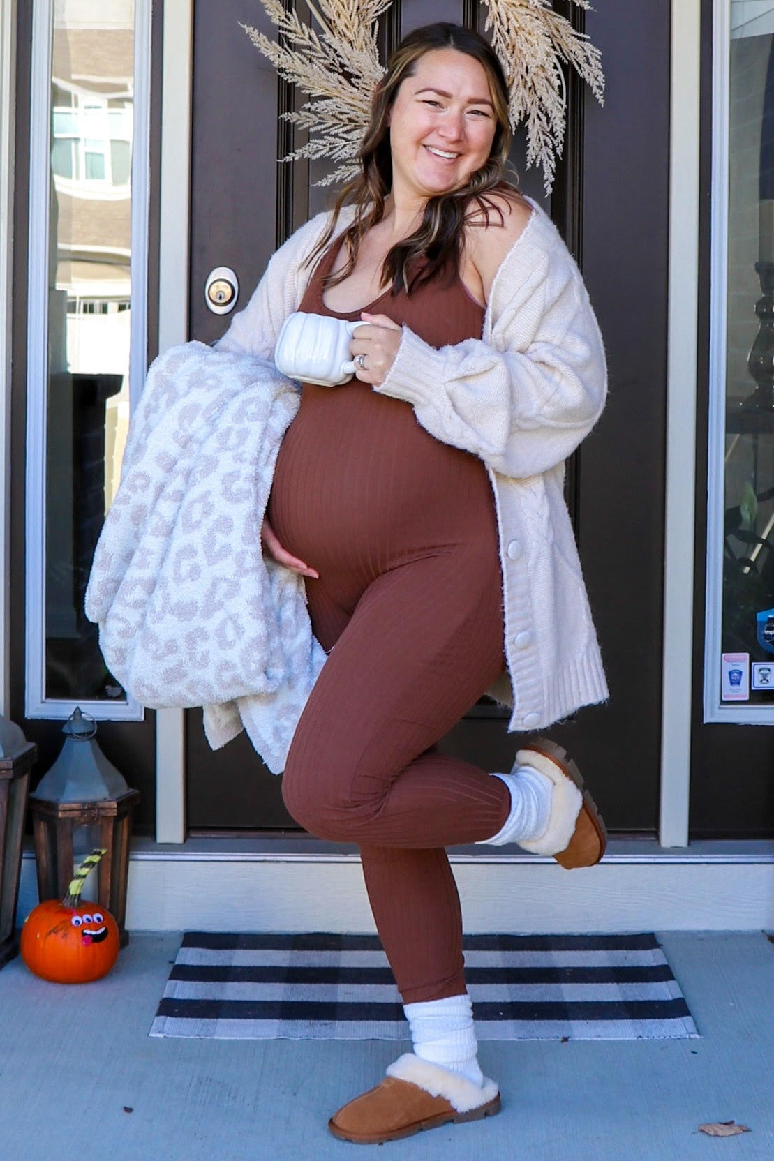 Brown Ribbed Bodycon Maternity Jumpsuit