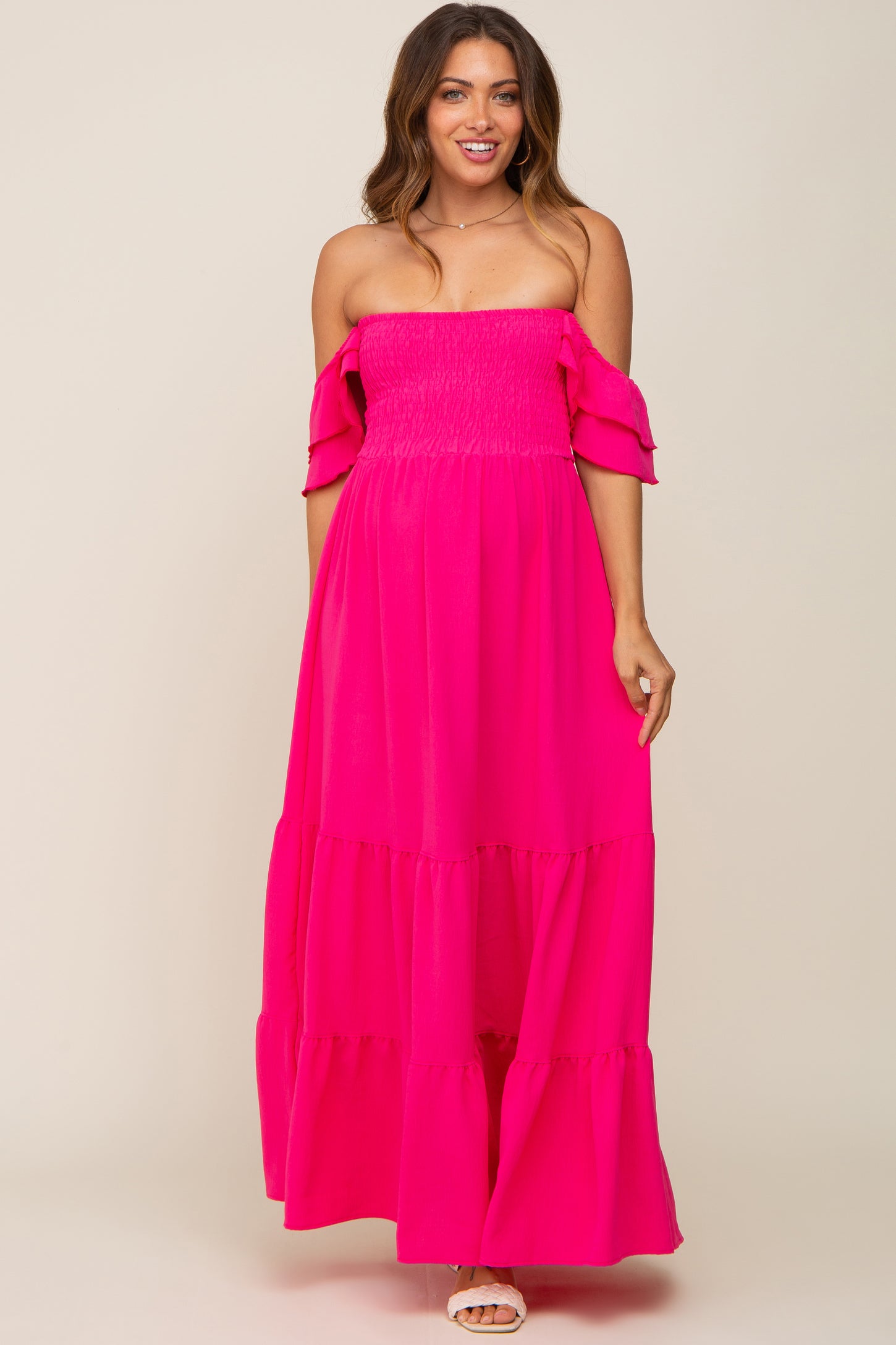 Fuchsia Smocked Ruffle Off Shoulder Tiered Maternity Maxi Dress