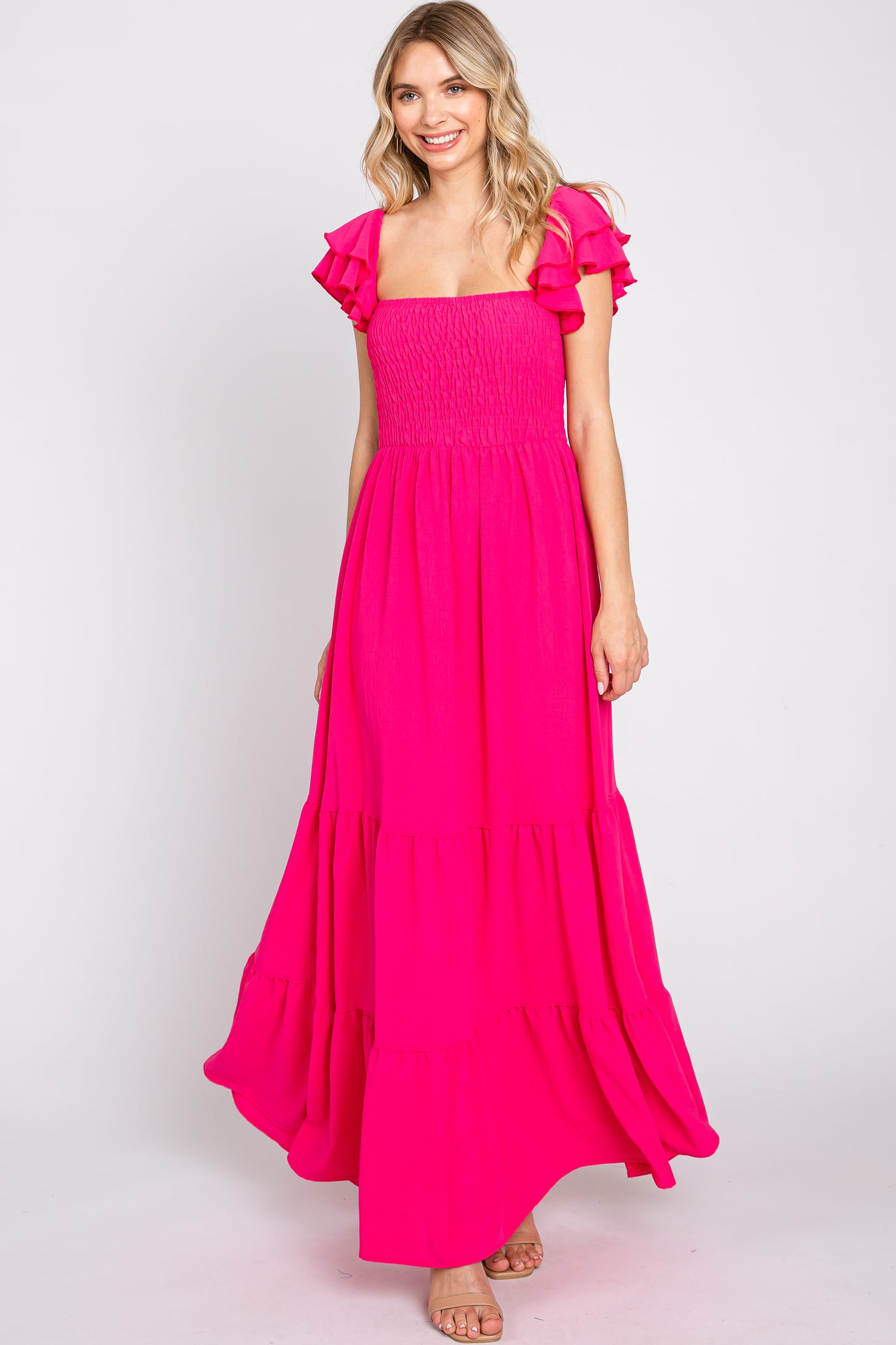 Fuchsia Smocked Ruffle Off Shoulder Tiered Maternity Maxi Dress