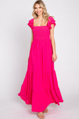 Fuchsia Smocked Ruffle Off Shoulder Tiered Maternity Maxi Dress