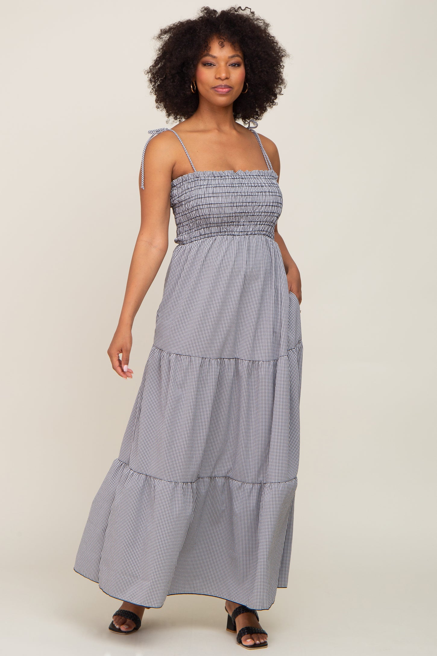 Black Gingham Smocked Shoulder Tie Tiered Maternity Maxi Dress