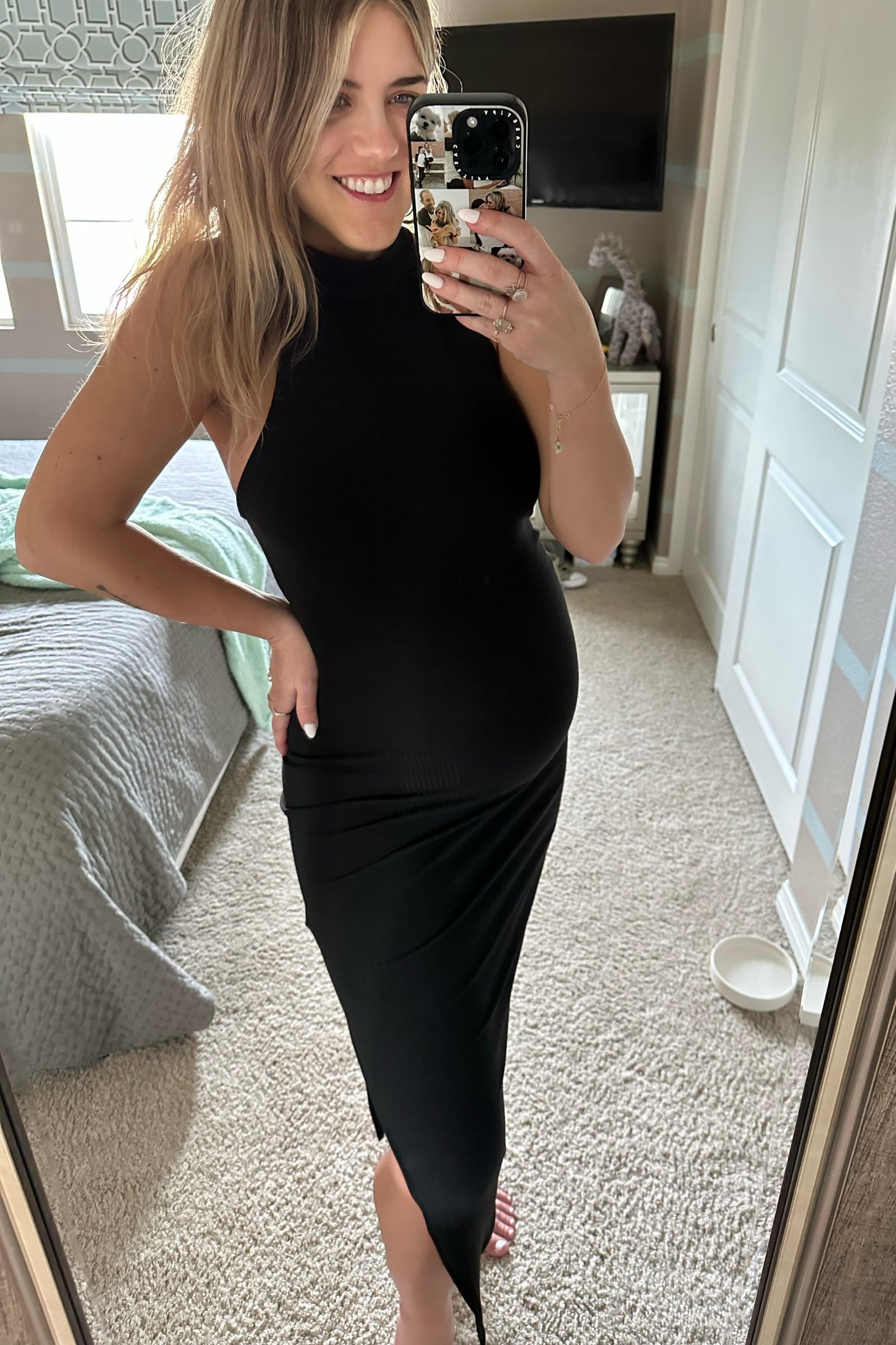 Black Ribbed Mock Neck Sleeveless Side Slit Maternity Midi Dress