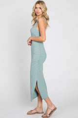 Mint Ribbed Sleeveless Ruched Side Slit Midi Dress