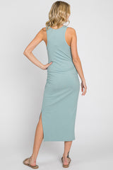 Mint Ribbed Sleeveless Ruched Side Slit Midi Dress