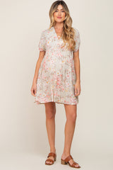 Light Olive Floral V-Neck Short Sleeve Maternity Dress