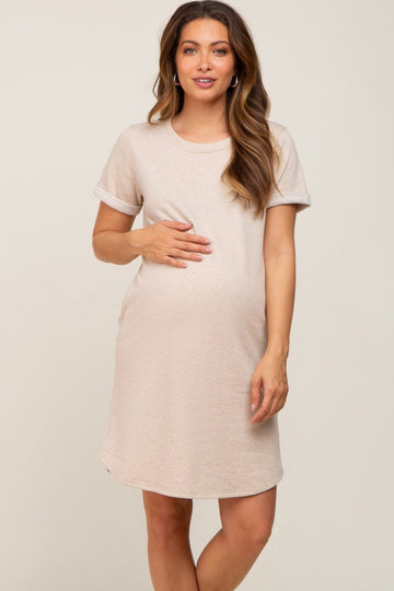Beige French Terry Cuffed Short Sleeve Maternity Dress