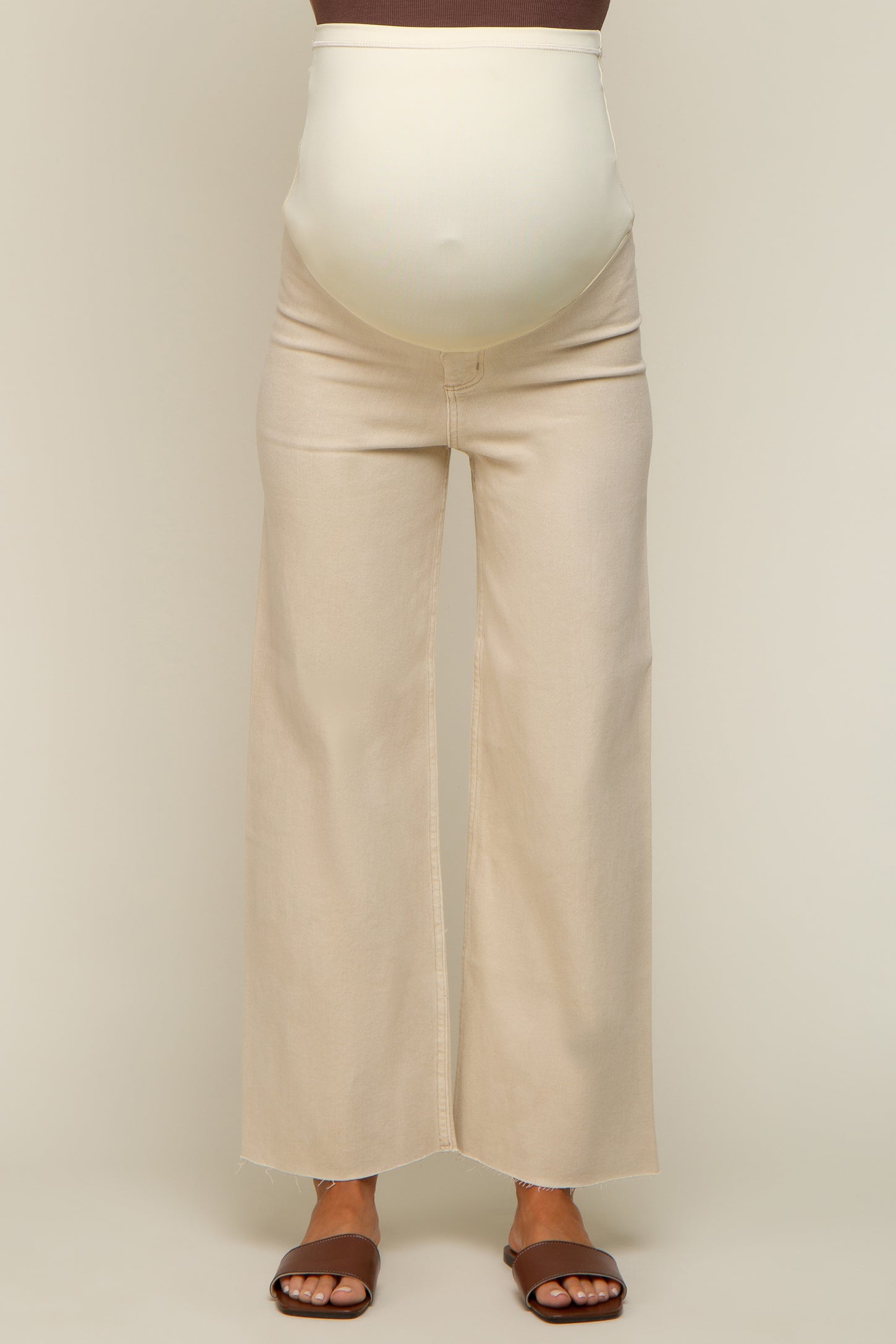Beige Raw Hem Wide Leg Maternity Jeans