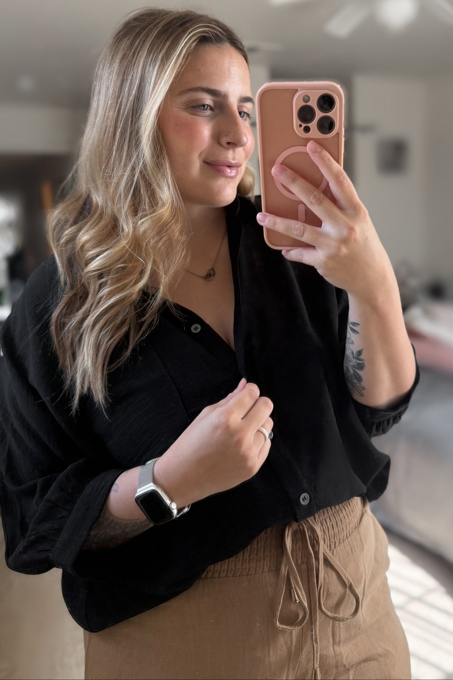 Camel Smocked Waist Wide Leg Linen Pants