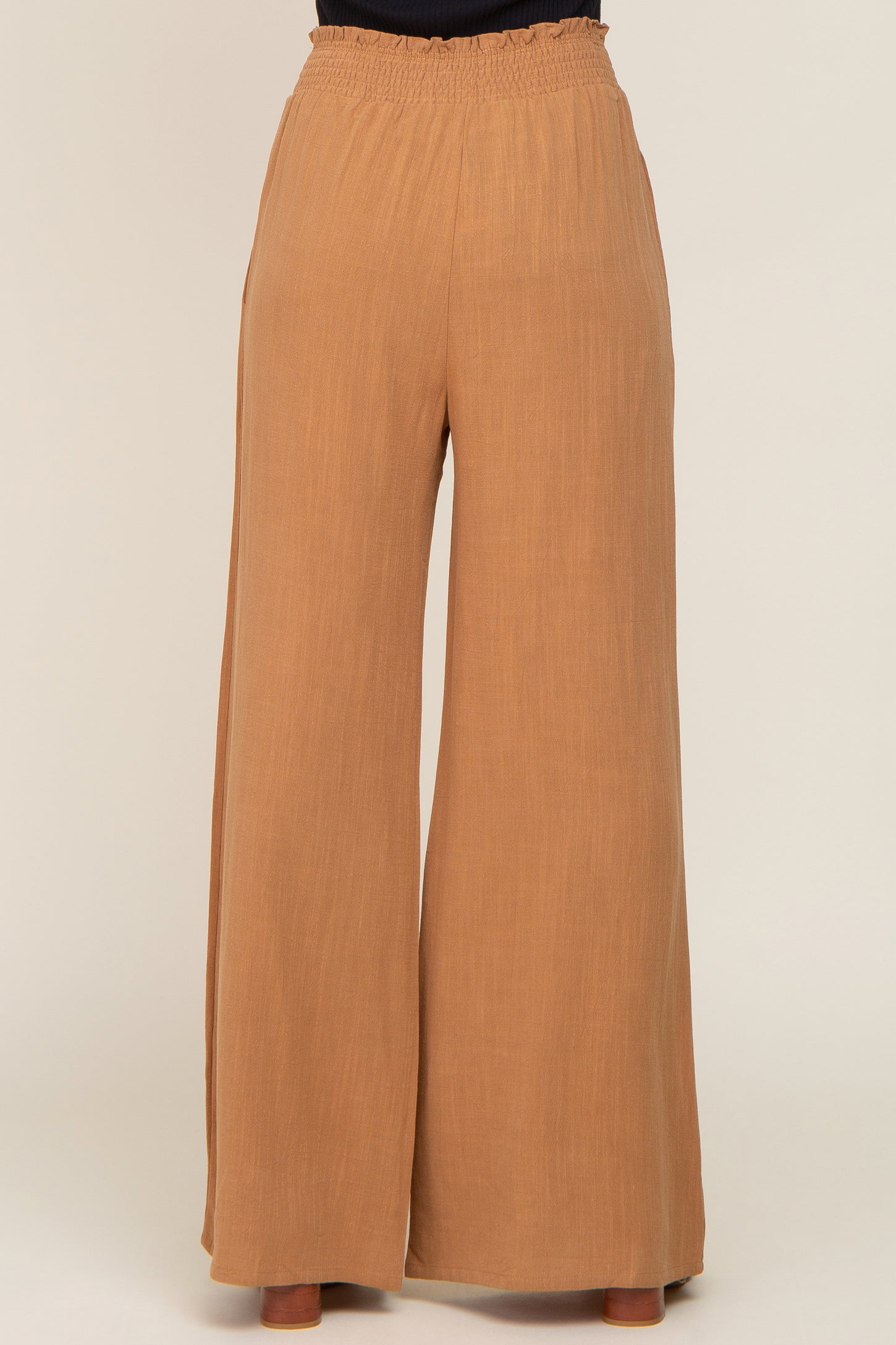 Camel Smocked Waist Wide Leg Linen Pants