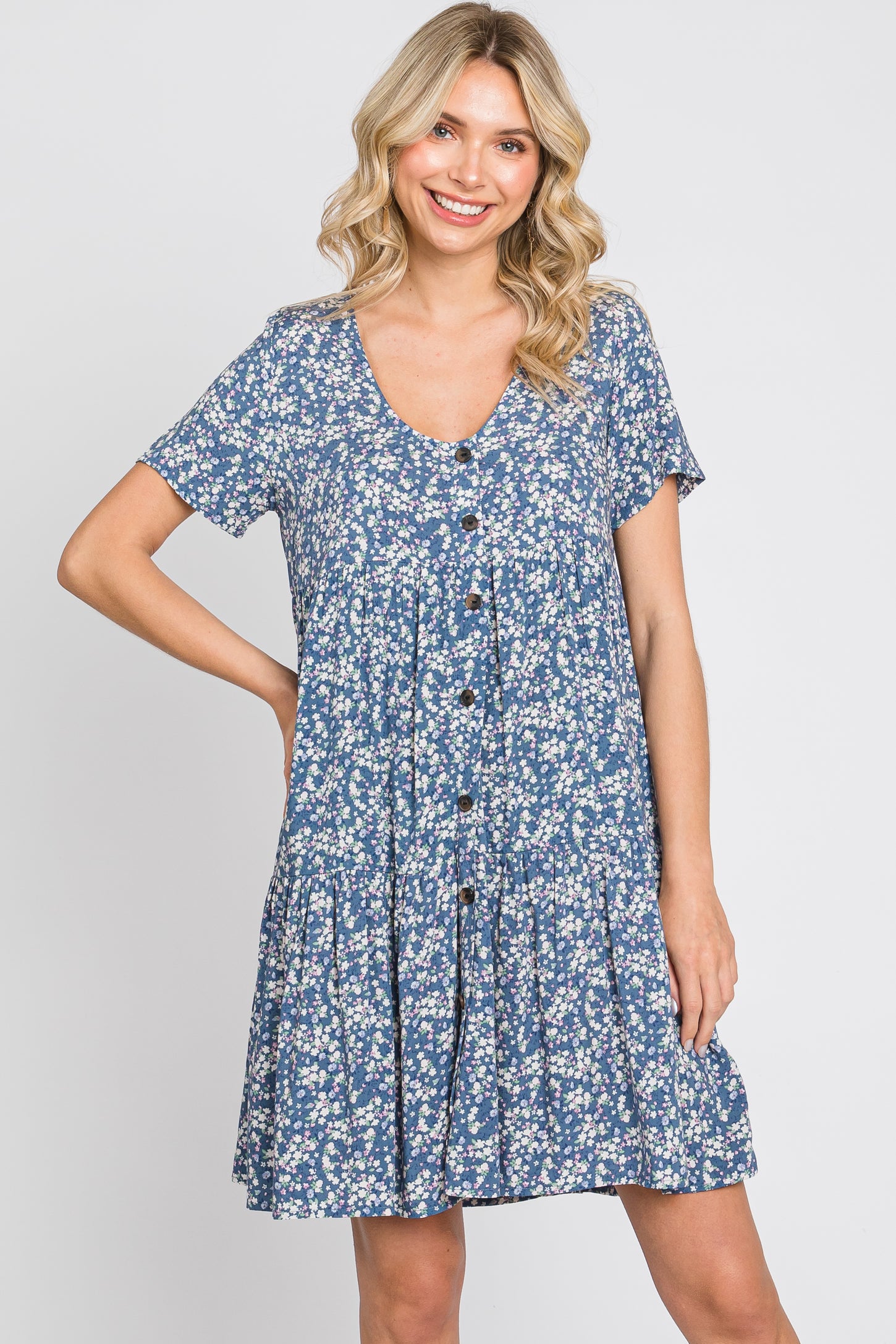 Blue Floral Tiered Button Accent Maternity Dress