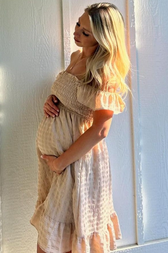 Taupe Textured Sleeveless Smocked Maternity Dress