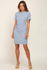 Slate Blue Ribbed Ruched Side Fitted Dress