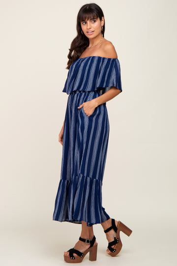 Navy Striped Off Shoulder Jumpsuit