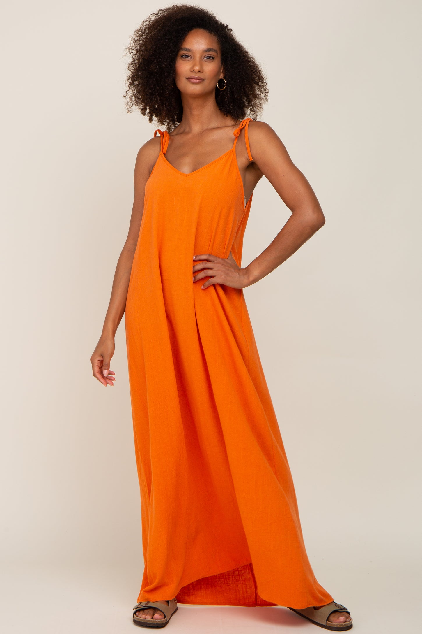 Orange Linen V-Neck Tie Strap Maxi Dress PinkBlush Orange Linen V-Neck Tie Strap Maxi Dress PinkBlush