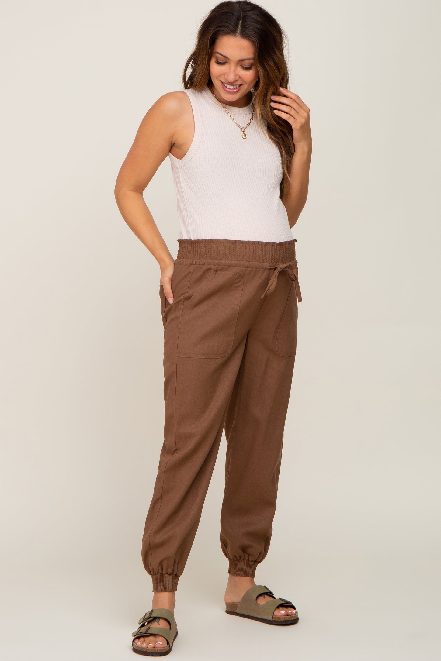 Brown Smocked Maternity Joggers