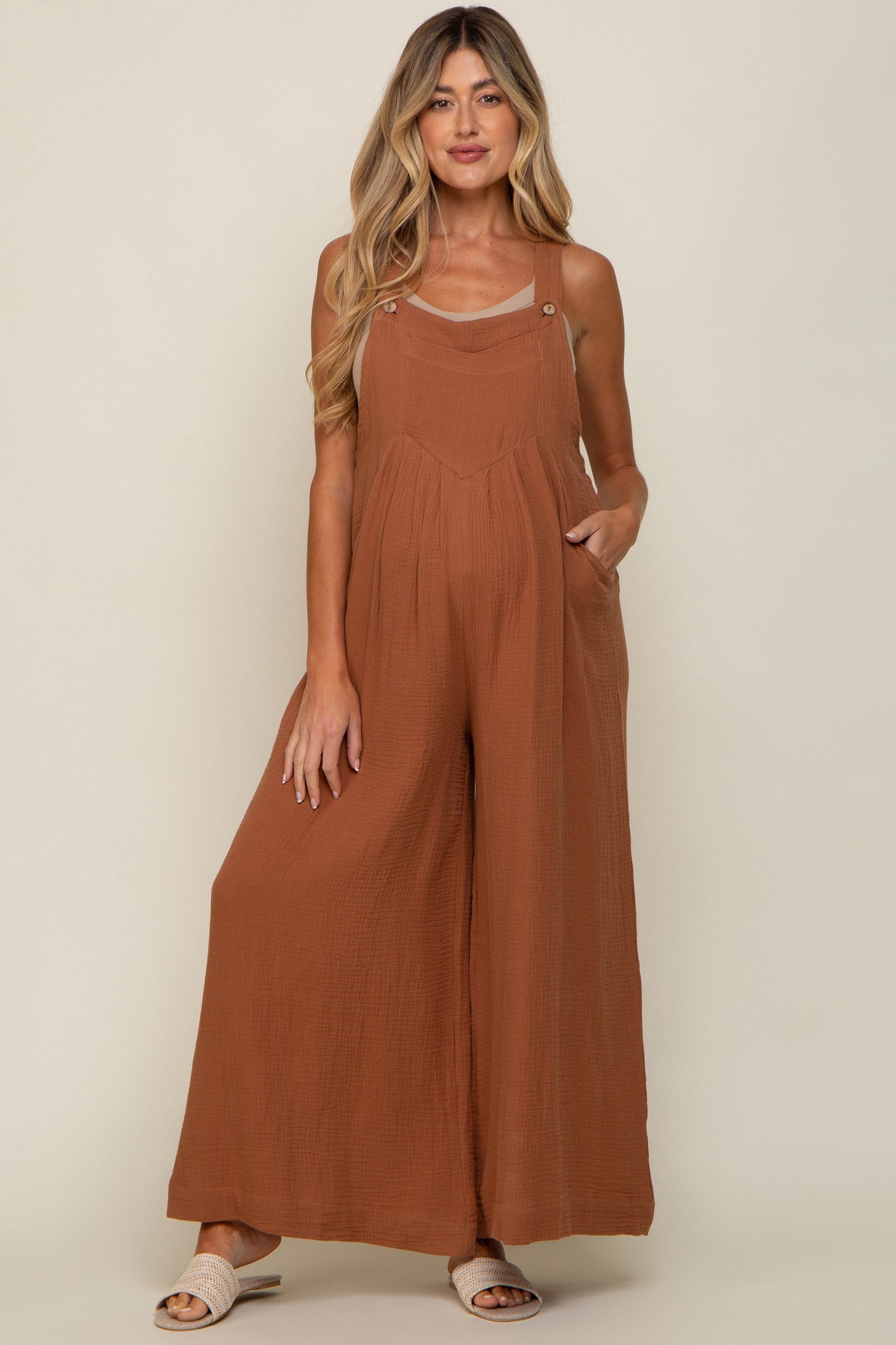 Rust Pocket Front Maternity Wide Leg Jumpsuit