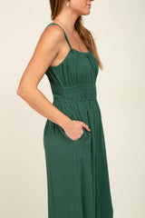 Green Smocked Square Neck Sleeveless Linen Jumpsuit