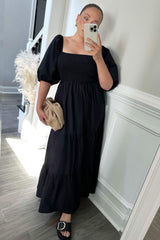 Black Square Neck Smocked Tiered Maxi Dress