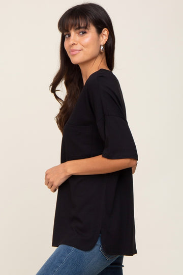 Black Pocketed V-Neck Top
