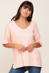 Peach Pocketed V-Neck Maternity Top