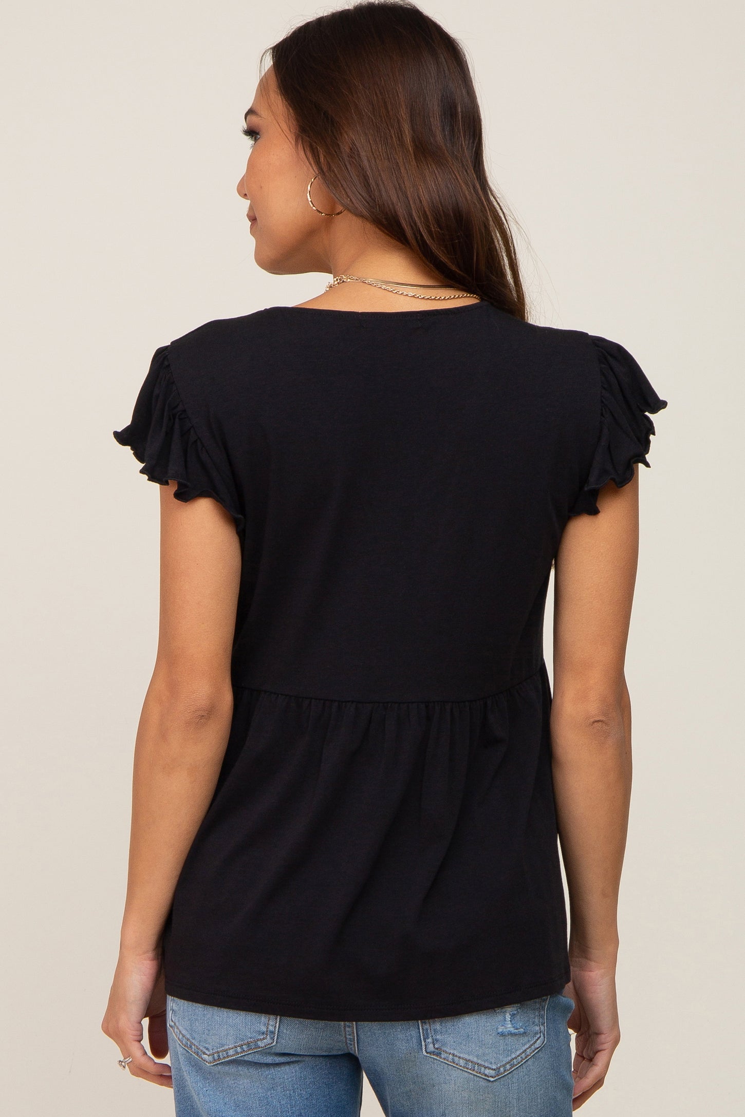 Black Flutter Sleeve V-Neck Maternity Top