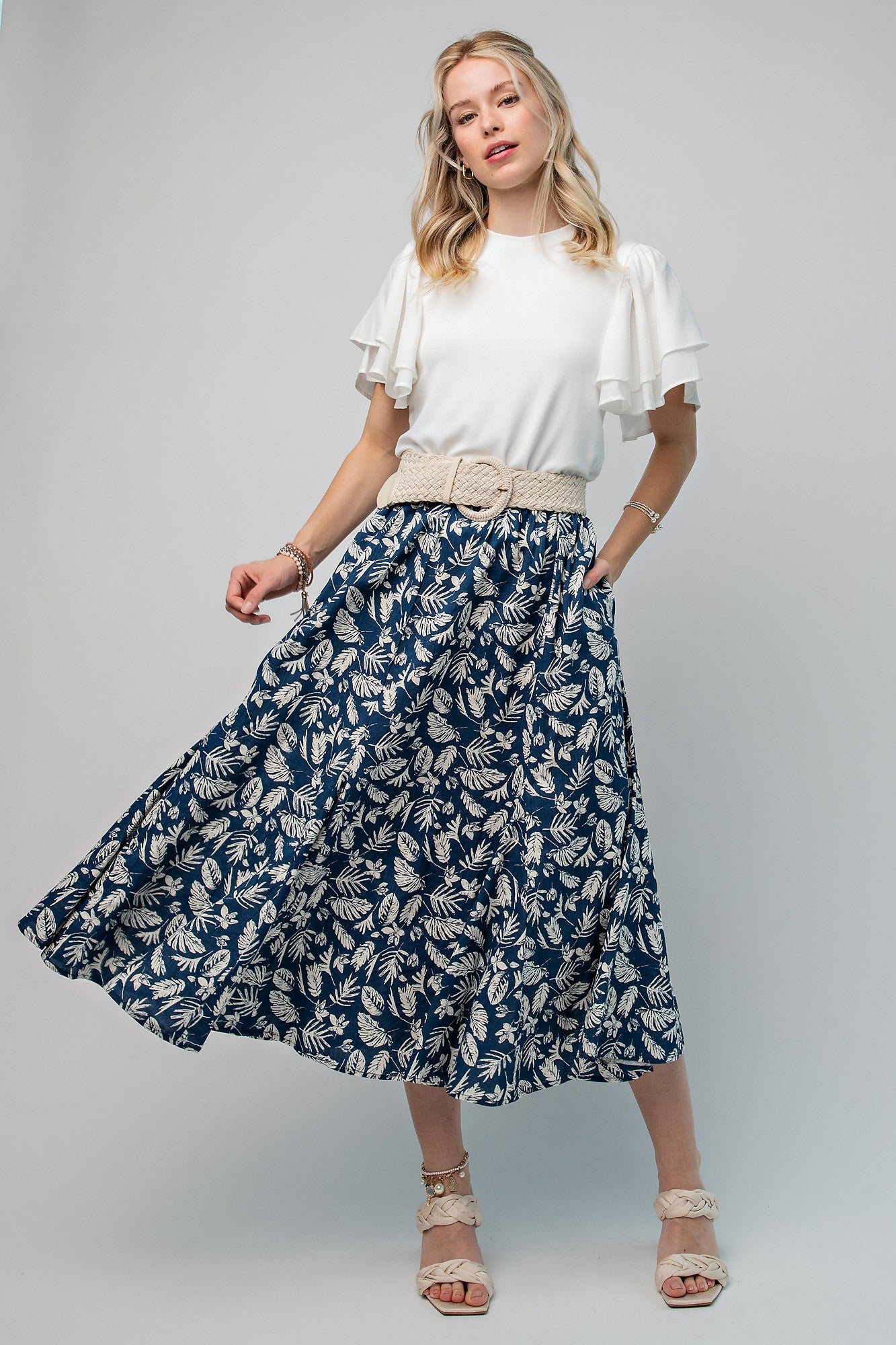 Navy Floral Pleated Midi Skirt