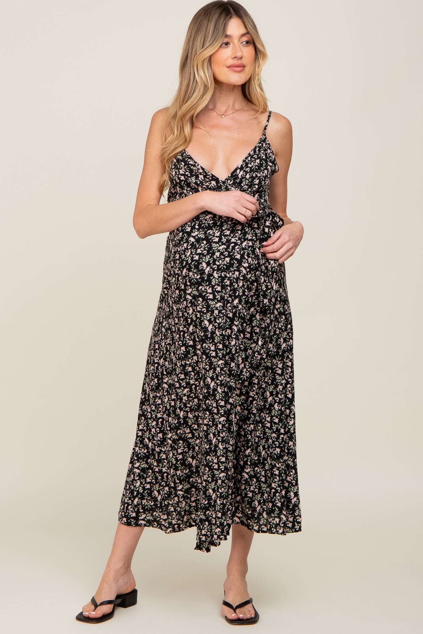 Black Floral Wrap Maternity Midi Dress