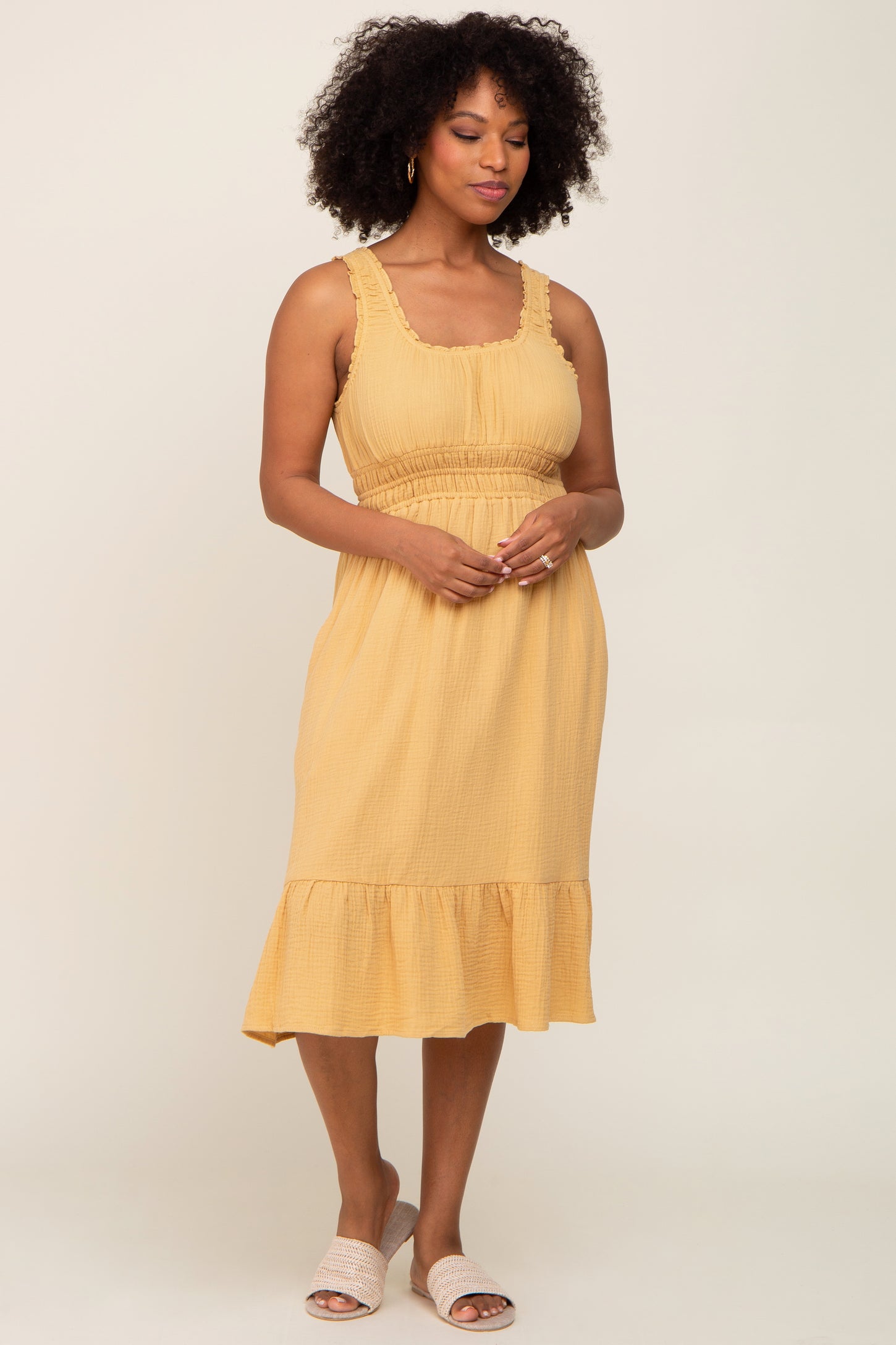 Yellow Gauze Smocked Waist Lettuce Trim Midi Dress