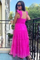 Fuchsia Smocked Mesh Ruffle Accent Midi Dress