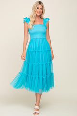 Turquoise Smocked Mesh Ruffle Accent Midi Dress