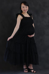 Black Smocked Mesh Ruffle Accent Maternity Midi Dress