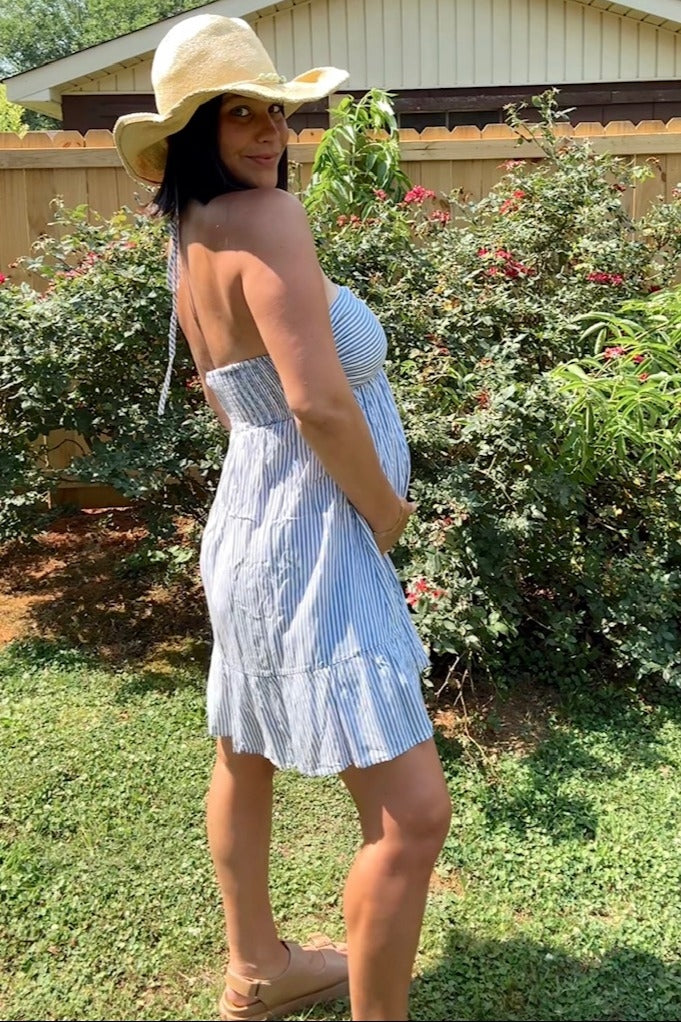 Blue Striped Maternity Halter Dress