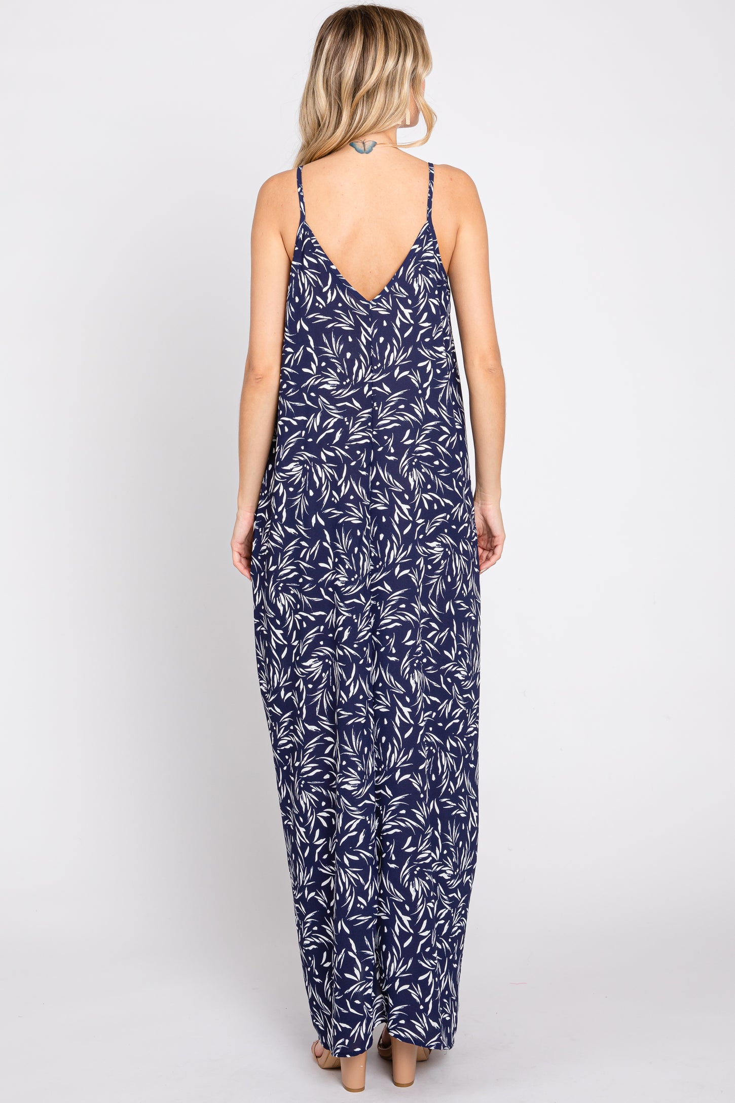 Navy Leaf Print Double V-Neck Maxi Dress