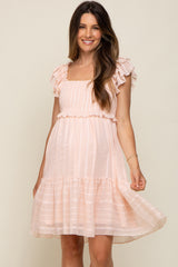 Light Pink Striped Trim Layered Flounce Sleeve Maternity Dress