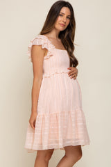 Light Pink Striped Trim Layered Flounce Sleeve Maternity Dress