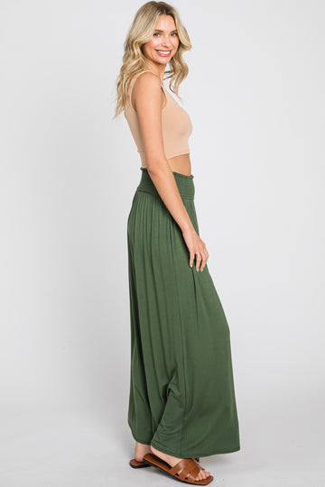 Olive Smocked Waist Flowy Pants
