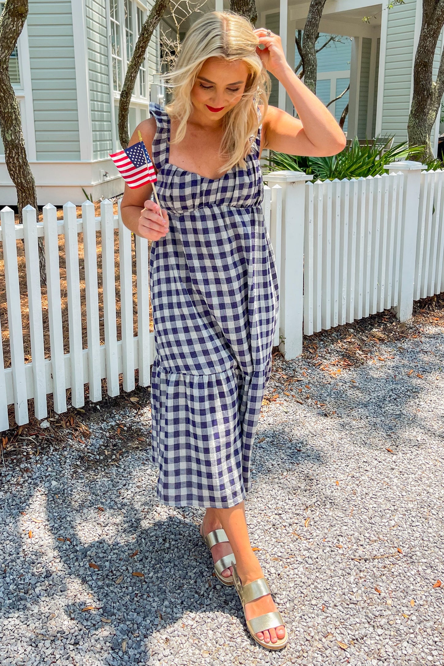 Navy Blue Checkered Linen Sweetheart Neck Ruffle Strap Midi Dress
