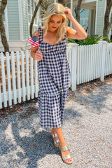 Navy Blue Checkered Linen Sweetheart Neck Ruffle Strap Midi Dress