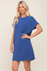 Royal Blue Ribbed Front Pocket Dolman Short Sleeve Dress