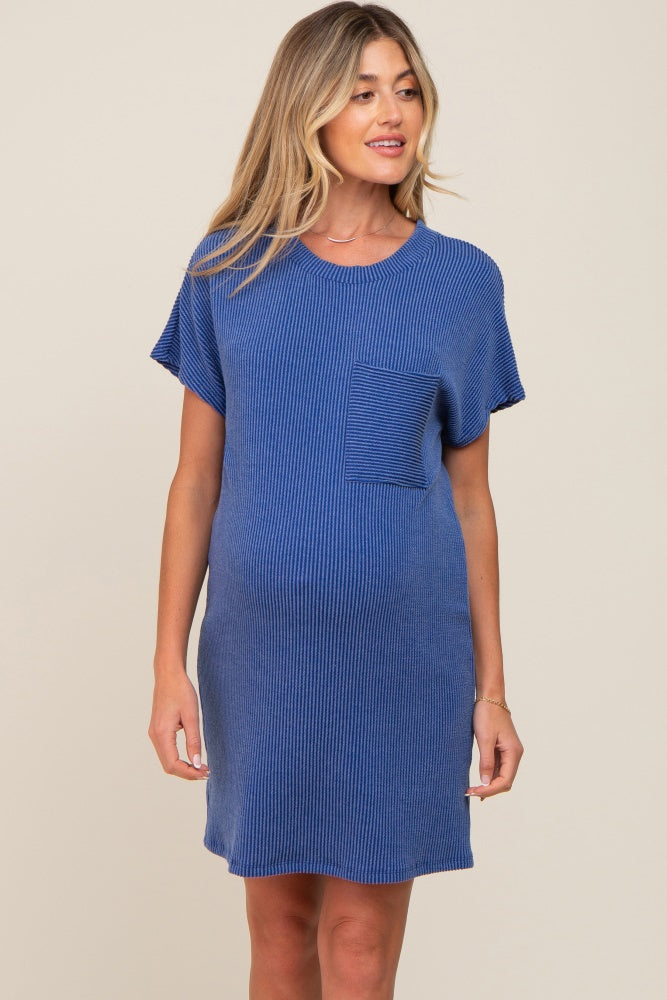 Royal Blue Ribbed Front Pocket Dolman Short Sleeve Maternity Dress