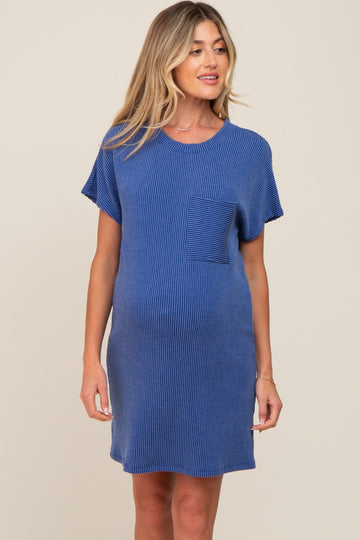 Royal Blue Ribbed Front Pocket Dolman Short Sleeve Maternity Dress