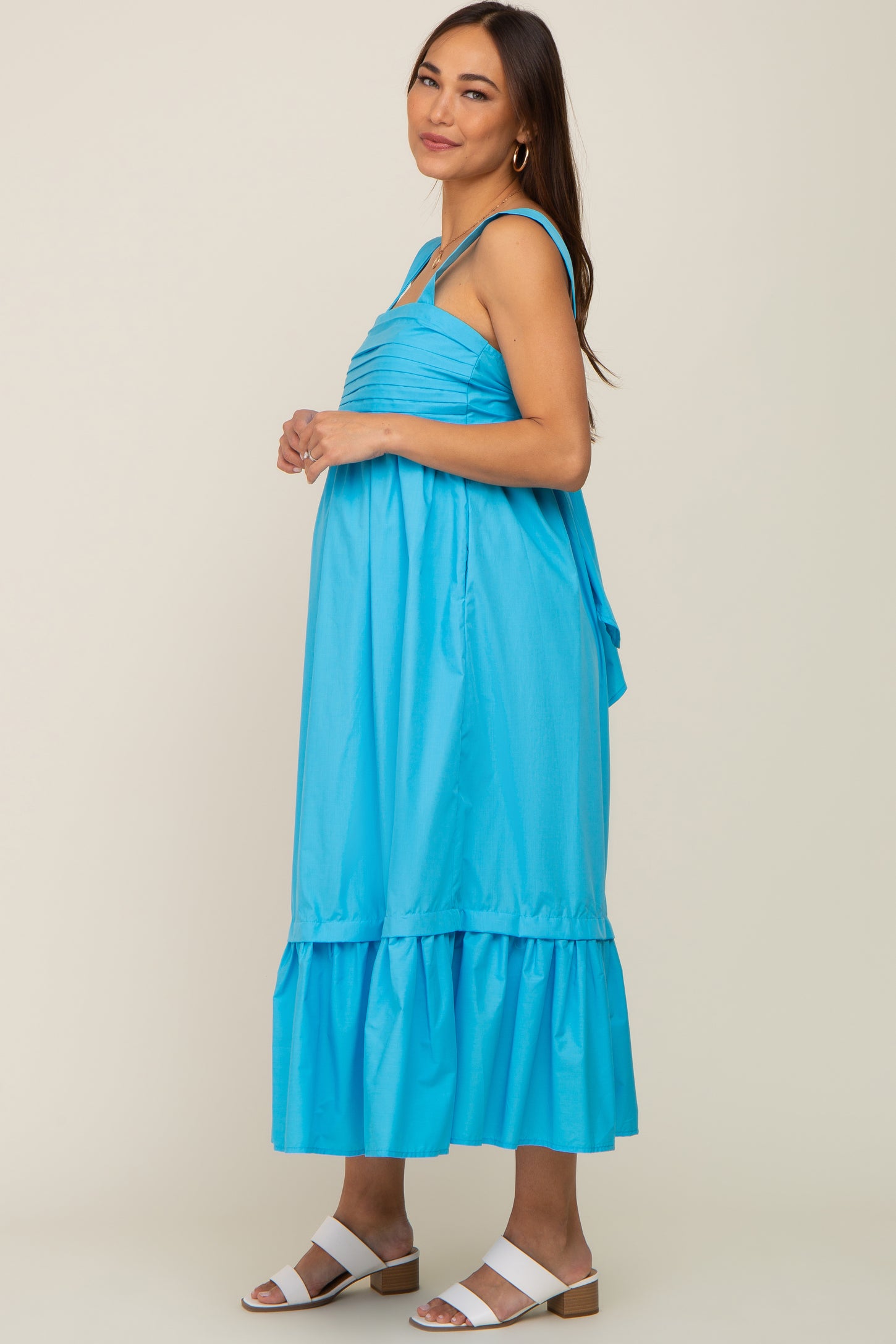 Aqua Pleated Back Tie Maternity Midi Dress