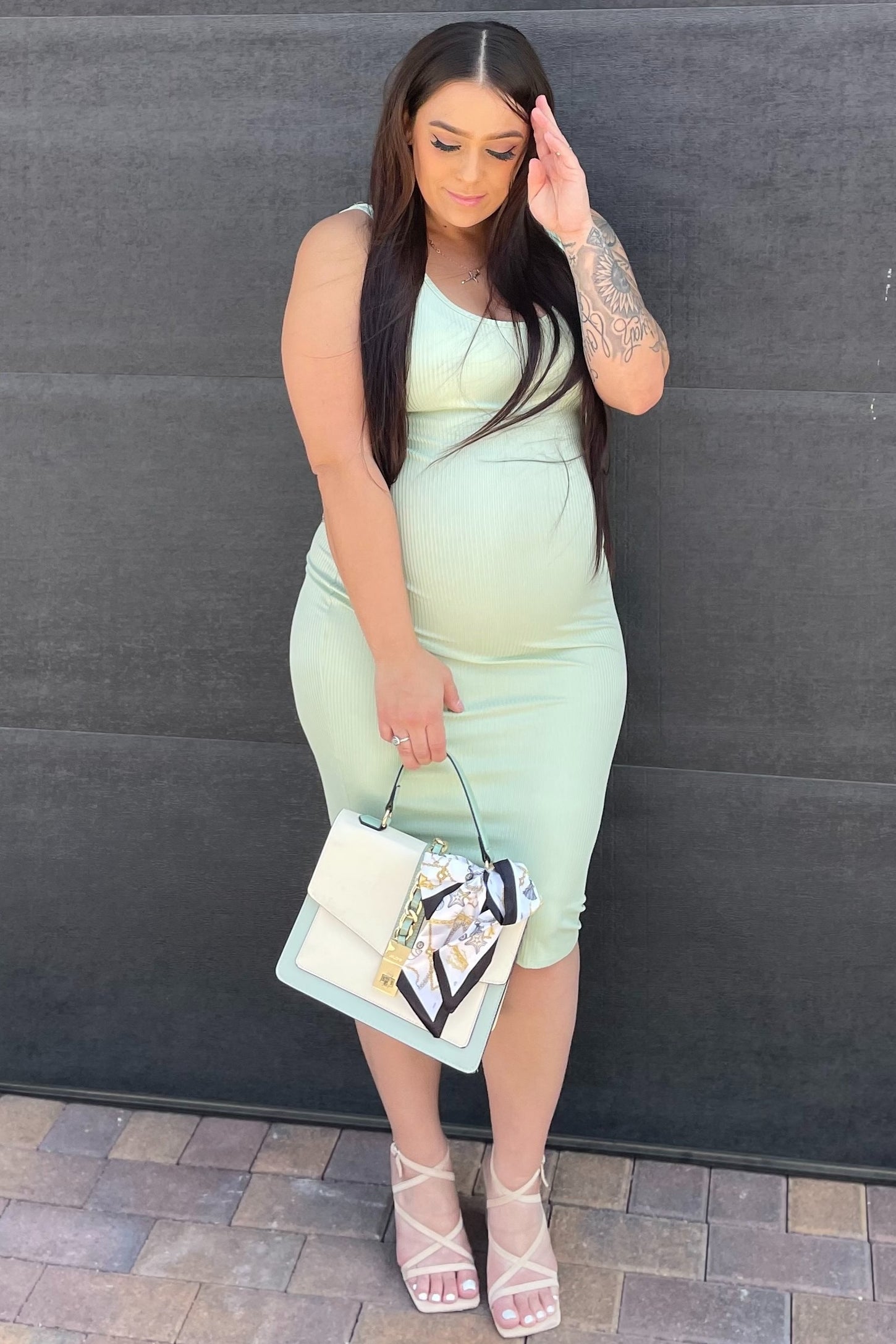 Mint Green Rib Knit Basic Sleeveless Maternity Dress