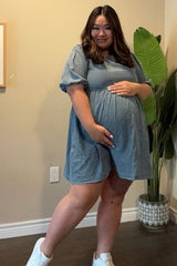 Blue Faded Denim Chambray Maternity Mini Dress