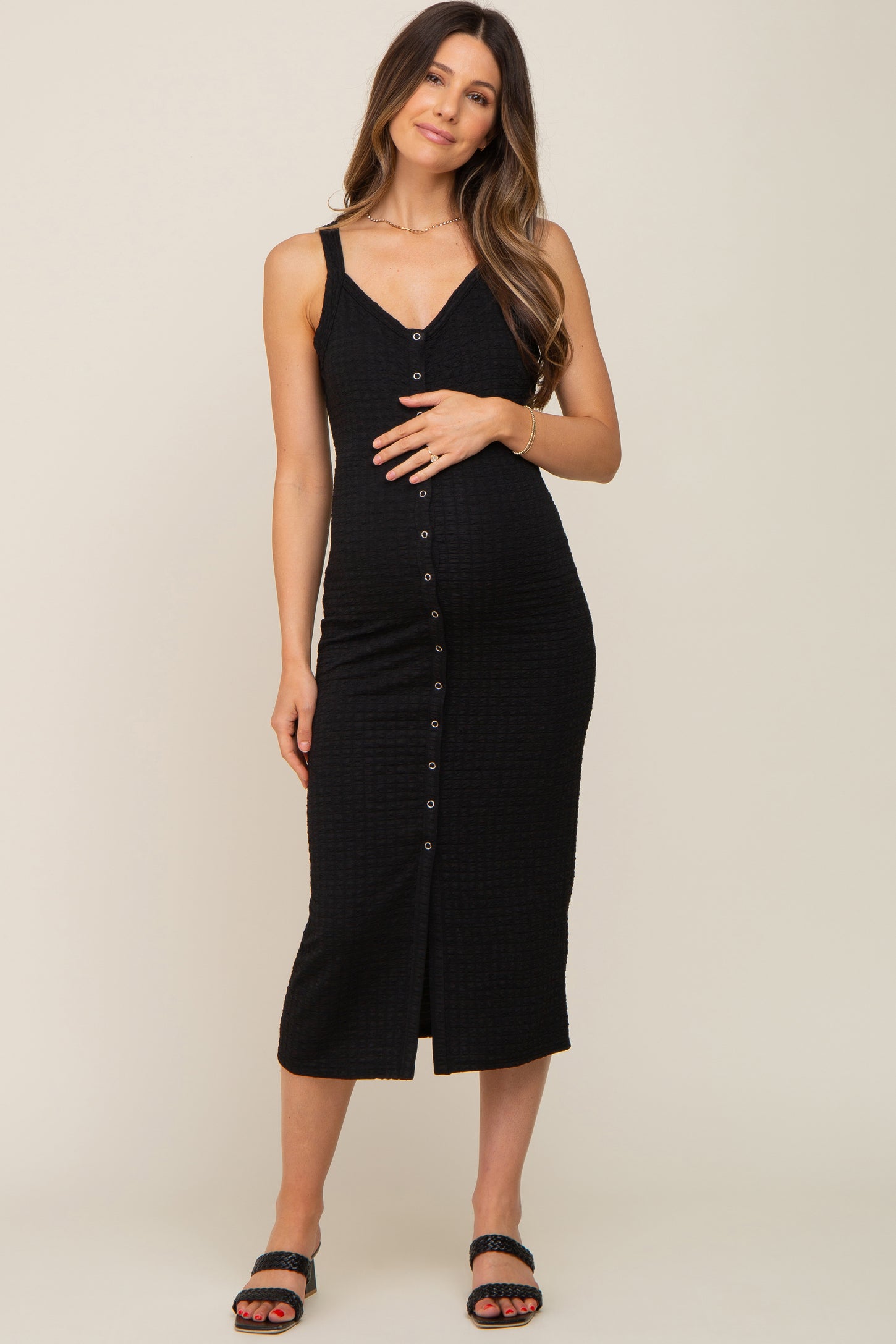 Black Waffle Knit Snap Front Button Maternity Midi Dress