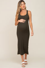 Olive Ribbed Basic Maternity Maxi Dress