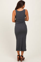 Charcoal Ribbed Basic Maternity Maxi Dress