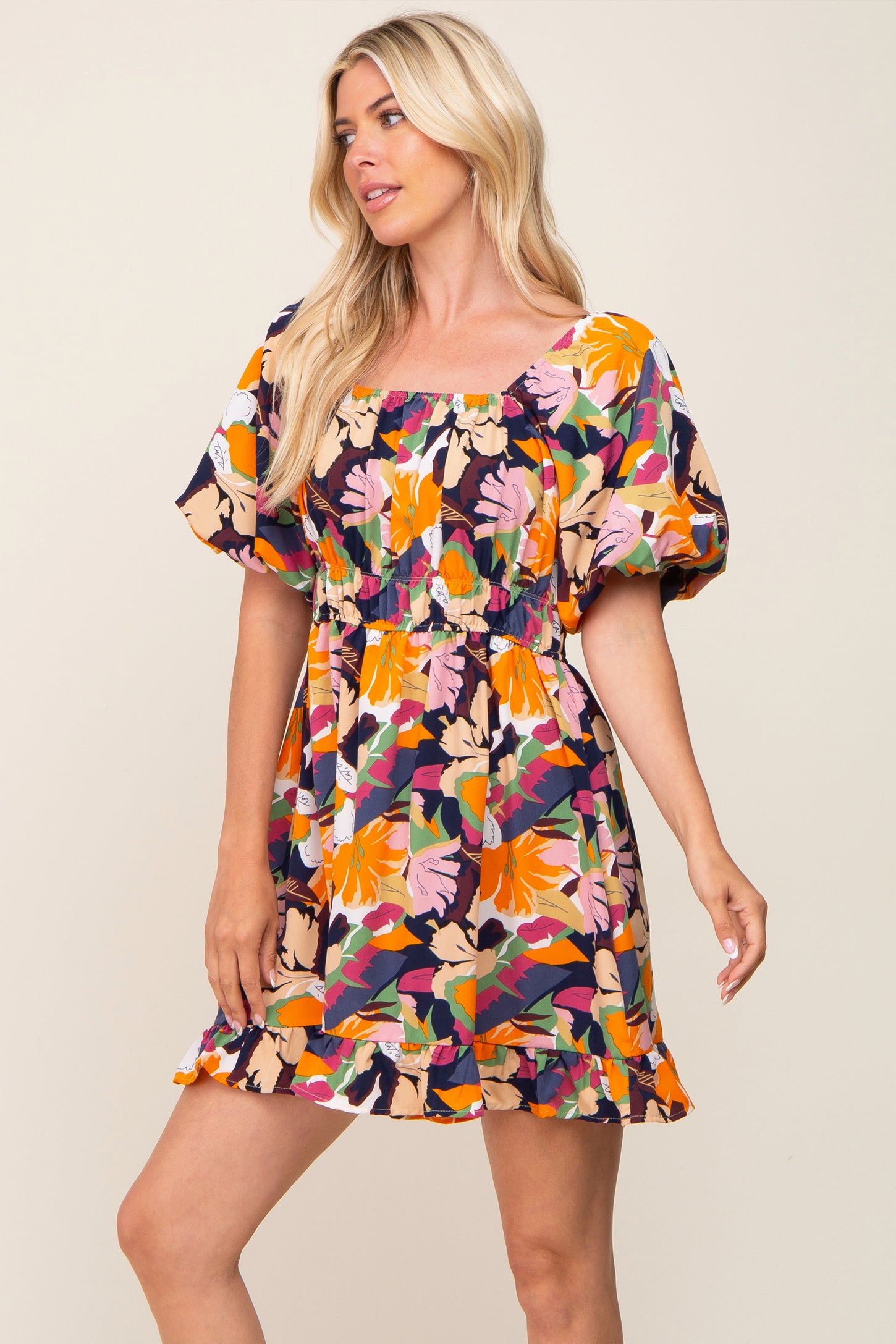 Multicolor Floral Pint Puff Sleeve Maternity Dress