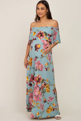 Mint Green Floral Off Shoulder Maternity Maxi Dress