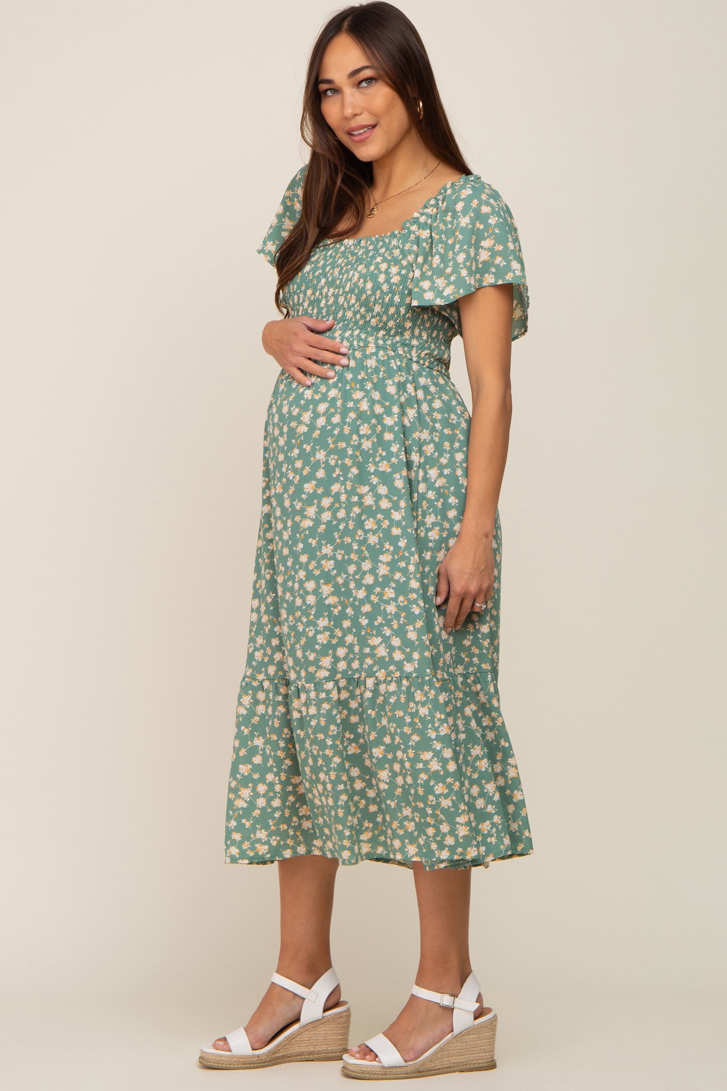 Light Olive Floral Smocked Maternity Midi Dress
